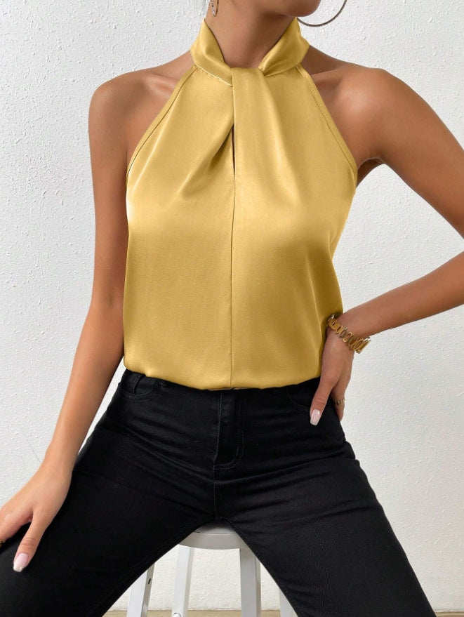 Elegant women's sleeveless top, chic knot neck halter design.