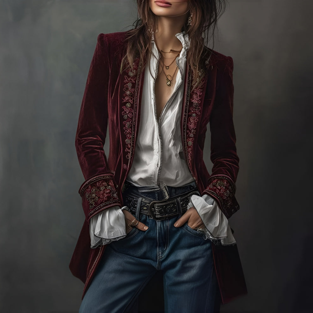 Elegant women's long embroidered blazer jacket, versatile for formal, work, or smart casual occasions.