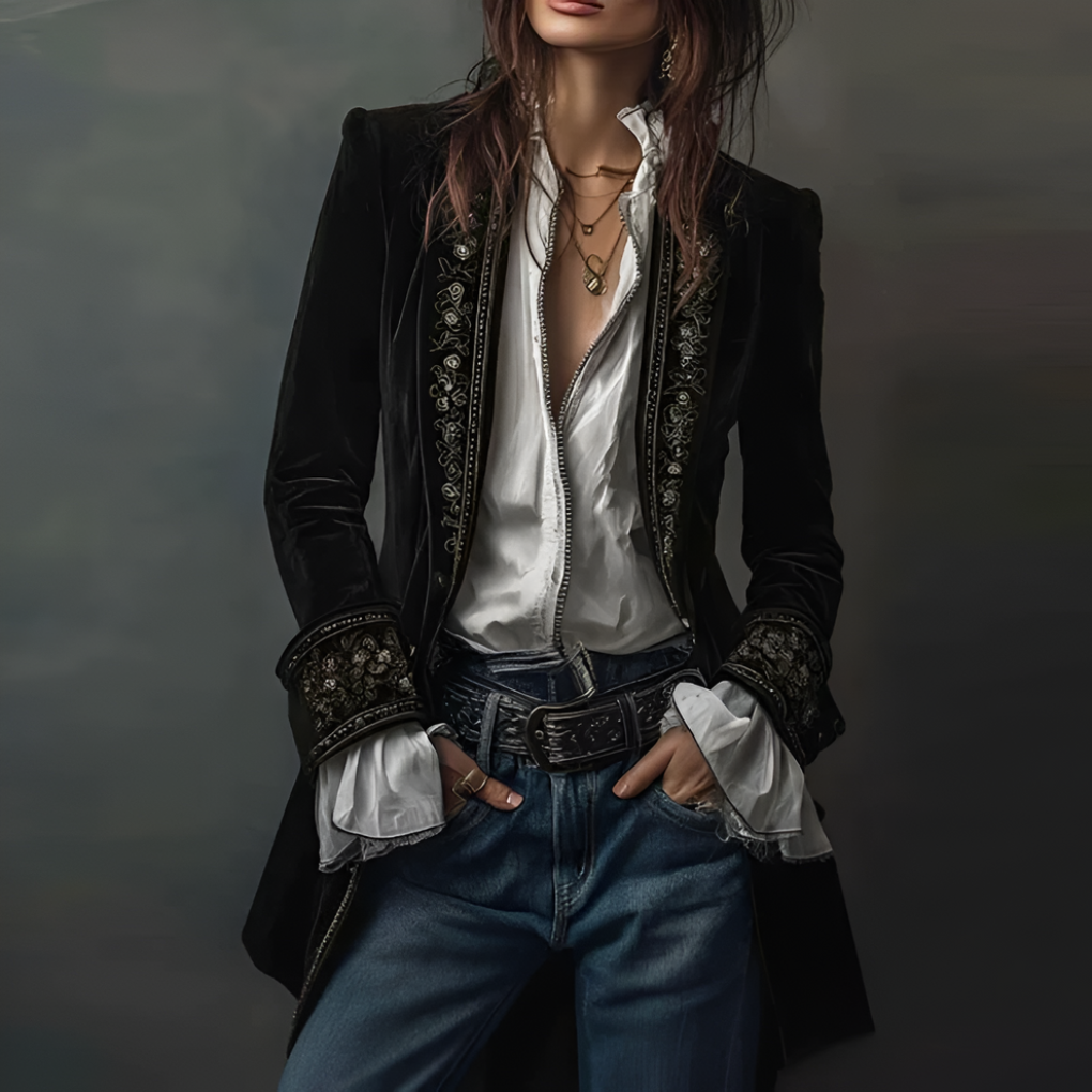 Chic women's embroidered long blazer jacket, a sophisticated outerwear piece for an elegant vintage-style look.