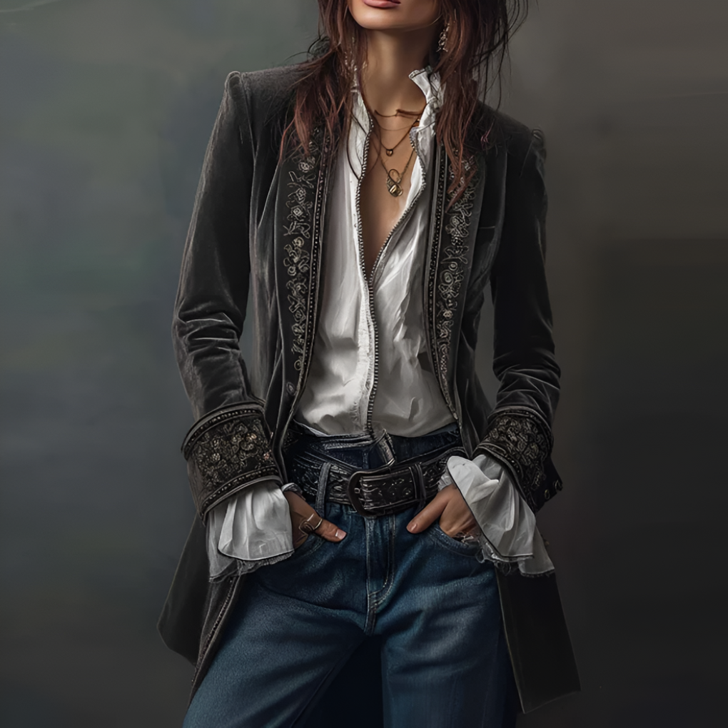 Long women's blazer jacket, featuring elegant embroidery; a versatile smart casual or formal outerwear option.