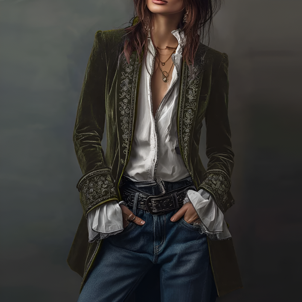 Statement women's long embroidered blazer jacket, an elegant vintage-style outerwear piece for any occasion.