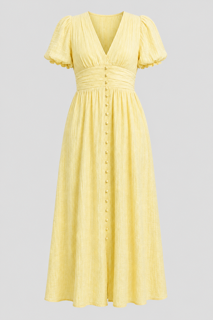 Women's elegant long maxi dress with romantic puff sleeves, perfect for summer parties.