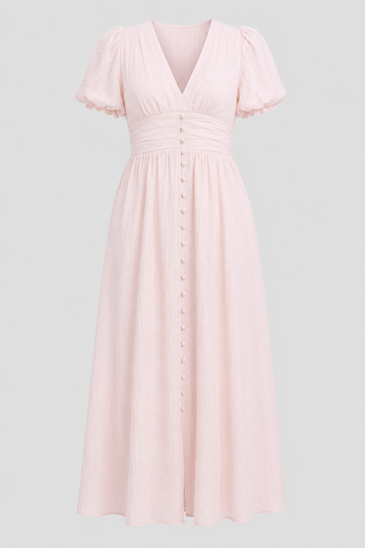 Elegant women's maxi dress with long flowy skirt and stylish puff sleeves for parties.