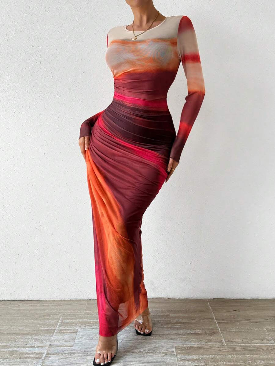 Flattering long sleeve bodycon maxi dress for women, versatile and chic round neck style.