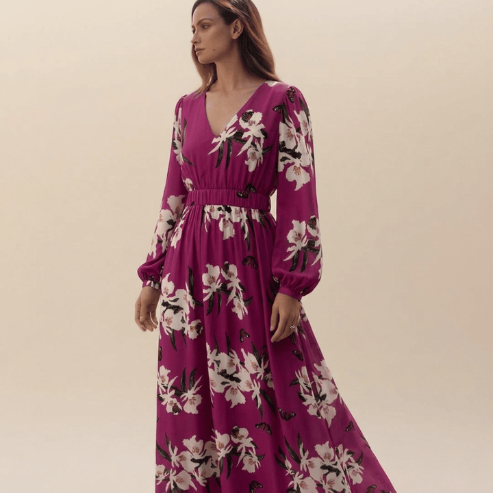 Women's elegant long sleeve floral maxi dress with V-neck, perfect for party wear or casual chic comfort.
