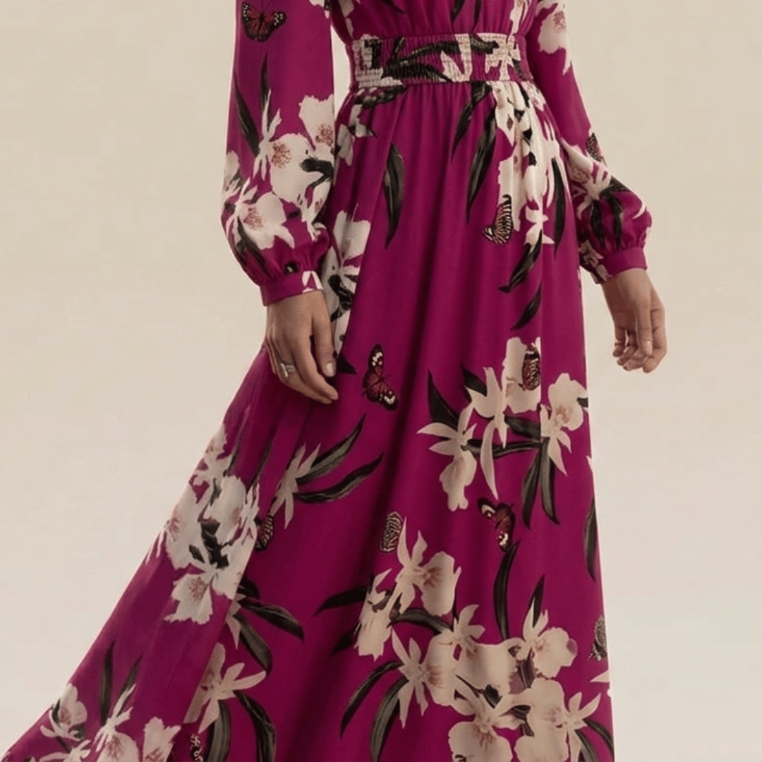 Elegant women's long sleeve V-neck maxi dress featuring a vibrant floral print, suitable for various occasions.