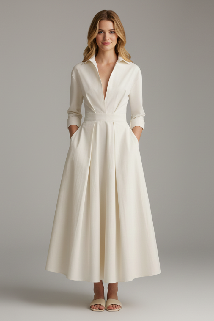 Versatile women's midi dress with long sleeves & defined waist. Chic button-front day dress for fall/spring.