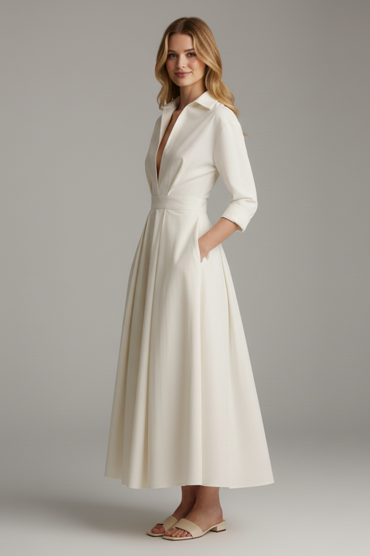 Chic women's long sleeve midi dress featuring a defined waist and elegant flared skirt. Ideal for any occasion.