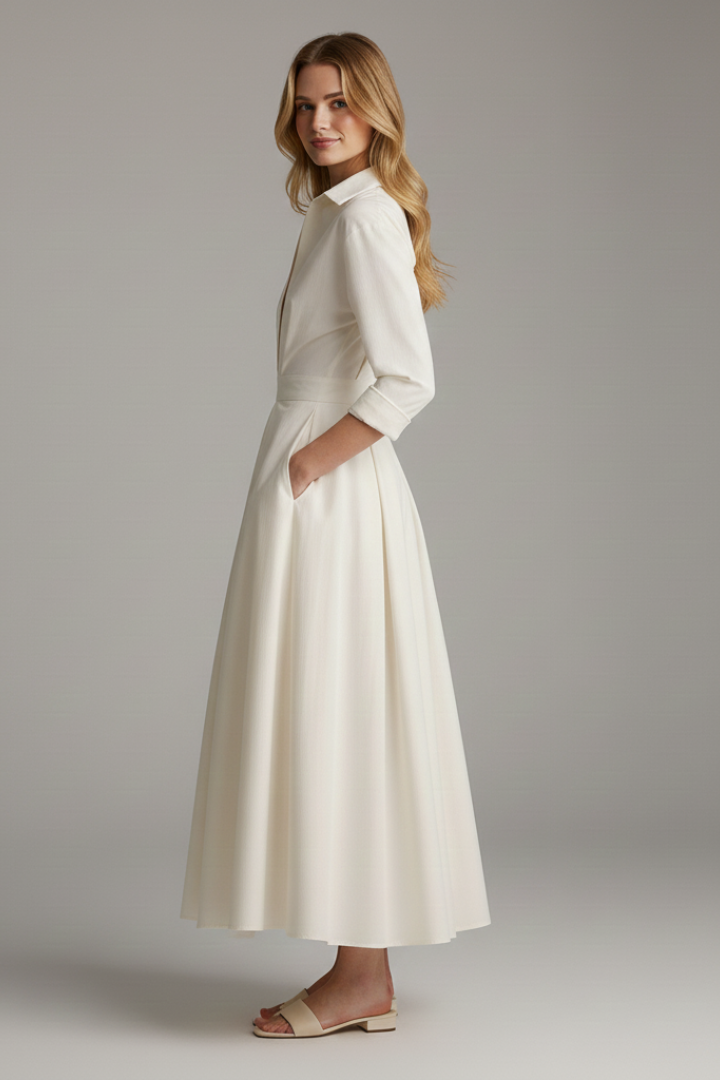 Casual yet chic women's long sleeve midi dress with defined waist and flared skirt. A versatile button-front day dress.