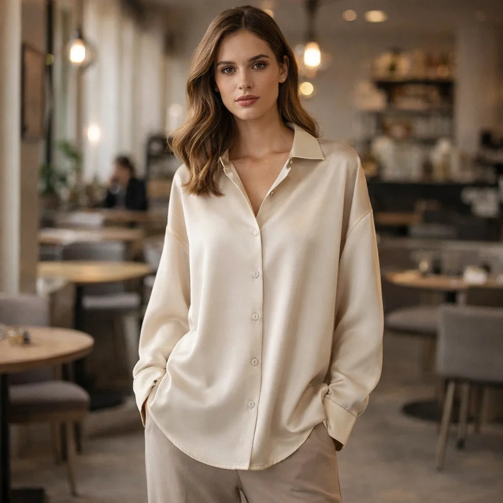 Women's elegant long sleeve office blouse, loose fit, perfect for professional work attire.