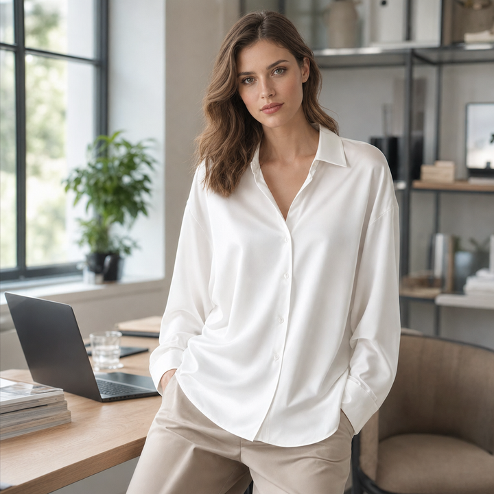 Modern women's elegant office blouse, long sleeve and loose fit, ideal for professional attire.