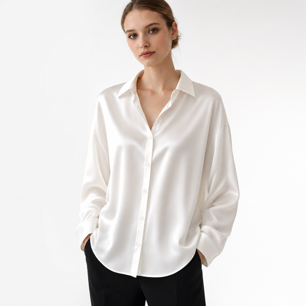 Elegant long sleeve women's blouse, a chic loose fit top perfect for stylish office wear.