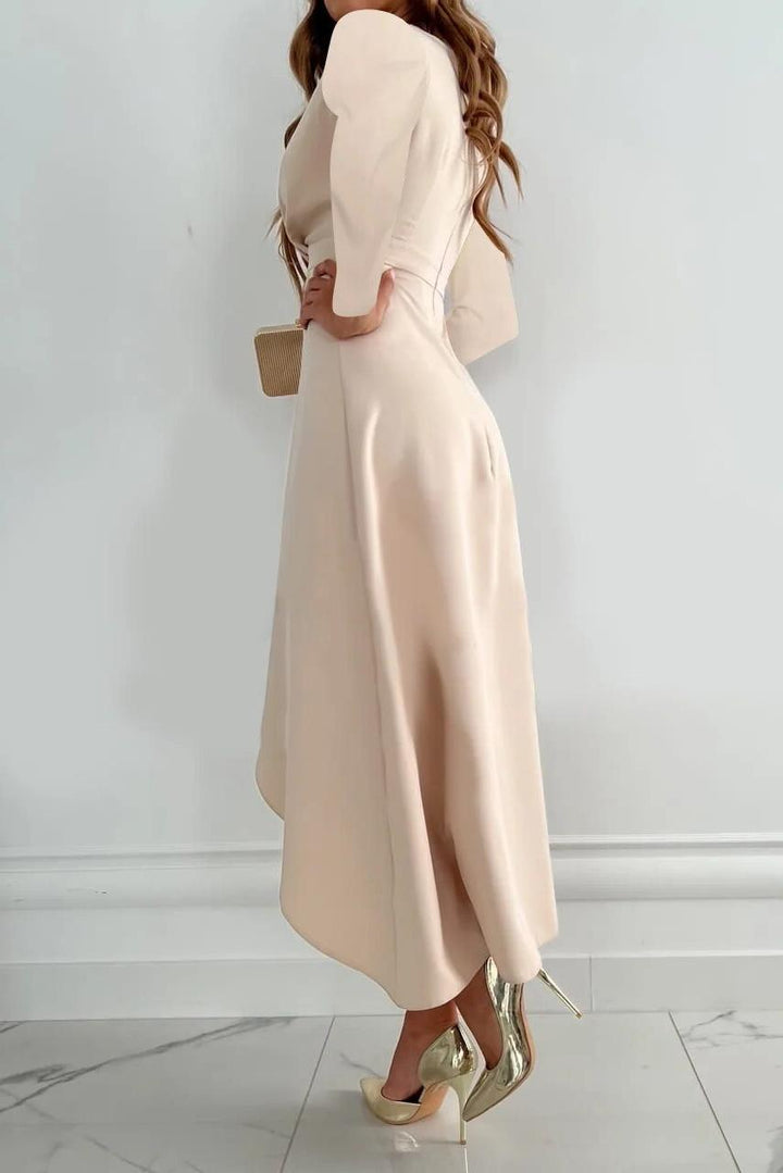 Sophisticated women's long sleeve wrap midi dress with ruffles, ideal for cocktail parties & wedding guests.