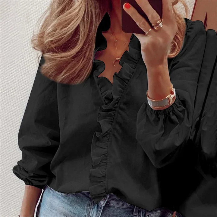 Elegant women's long sleeve V-neck blouse featuring ruffled cuffs, ideal for office and evening.