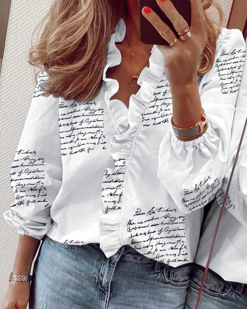 Versatile women's long sleeve ruffle trim blouse with V-neck, suitable for smart casual or work attire.