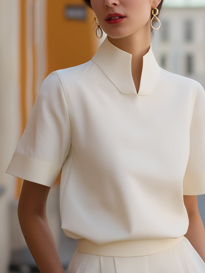 Sophisticated short sleeve mandarin collar blouse for women, elegant, modern casual chic style.