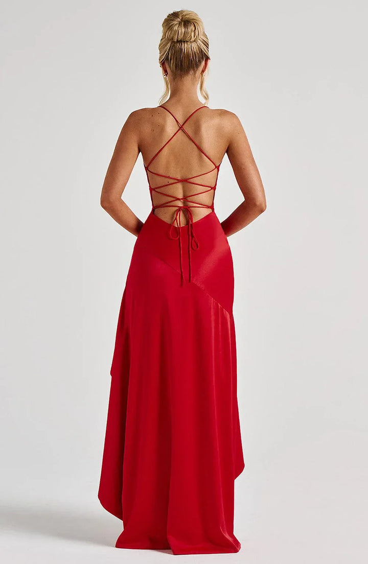 Elegant women's wedding guest dress, high leg slit, cowl neck, and adjustable lace-up back.