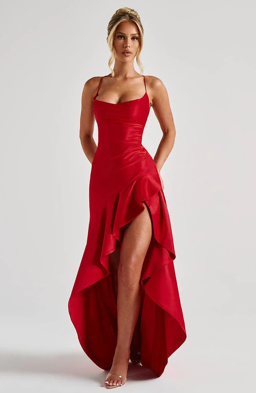 Fashionable women's maxi dress, ideal for special occasions, with high slit & open back.