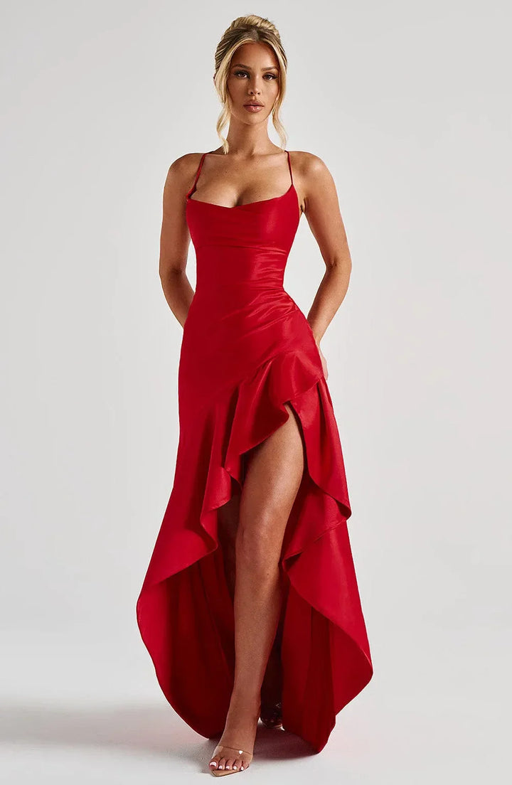 Fashionable women's maxi dress, ideal for special occasions, with high slit & open back.
