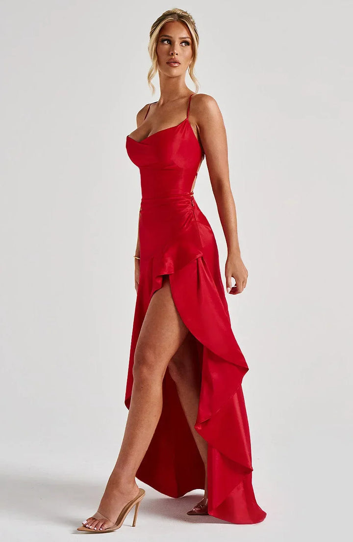 Sophisticated women's party dress, high slit, open lace-up back, perfect for guests.