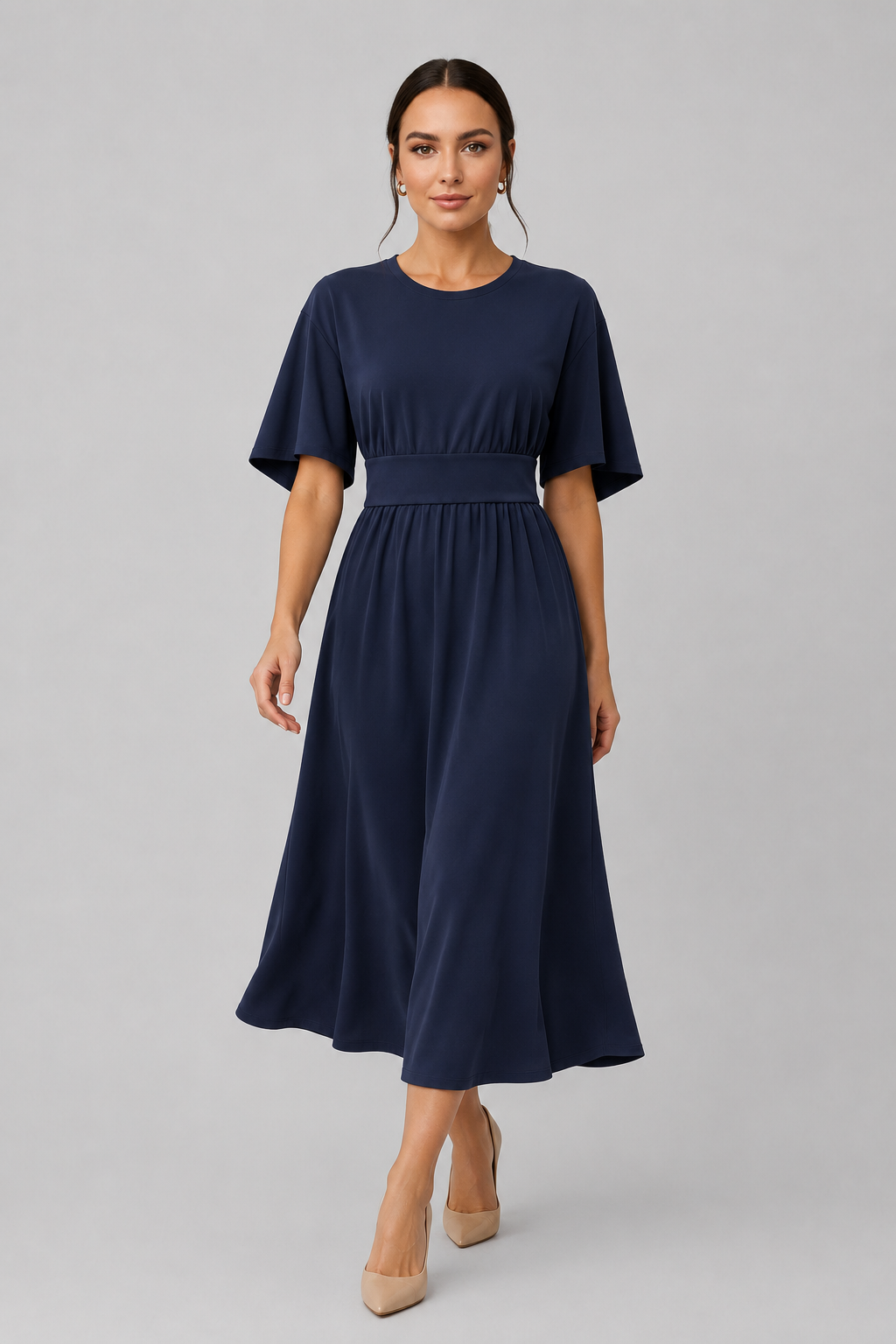 Women's elegant midi dress with wide sleeves & waist belt. Perfect for office or party wear.