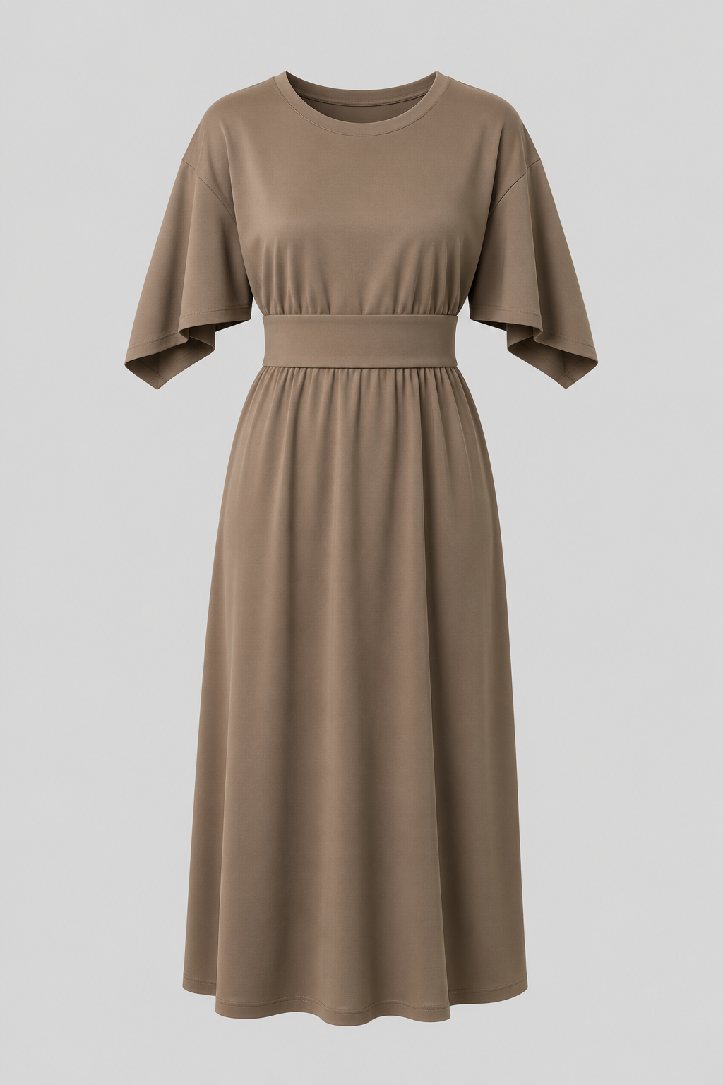 Professional women's office midi dress. Modest round neck, wide sleeves & a sophisticated waist belt.