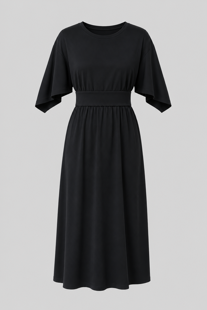 Women's comfortable midi dress. Features flowy wide sleeves, a tie belt & elegant solid design.