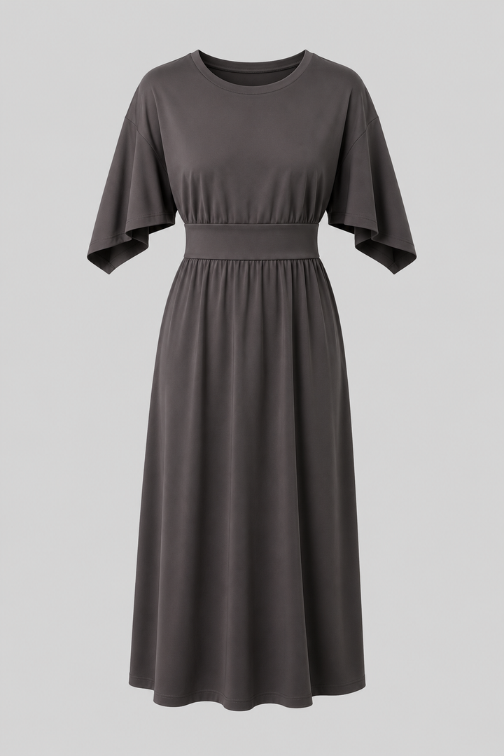 Modern women's party midi dress. Stylish wide sleeves & a flattering waist belt for a chic look.