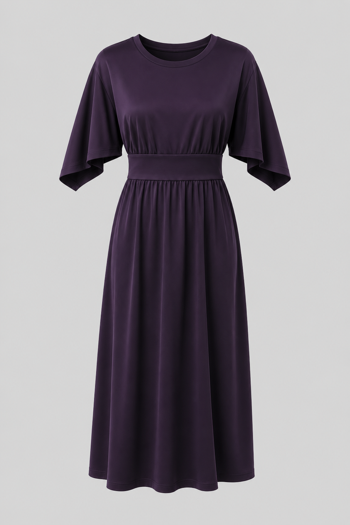 Women's modest long midi dress. Features elegant wide sleeves, a round neck & a cinching waist belt.