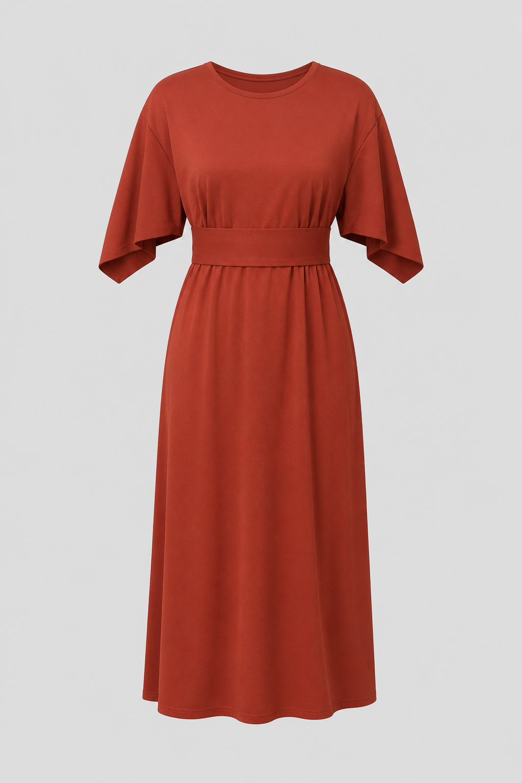 Solid color women's midi dress. Elegant design with wide sleeves & a belt, suitable for various events.