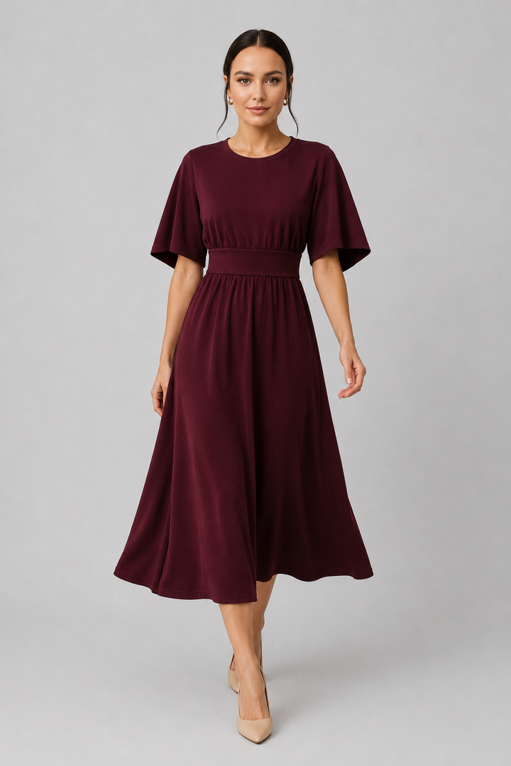 Modest women's long midi dress, ideal for office. Has stylish wide sleeves & an adjustable belt.