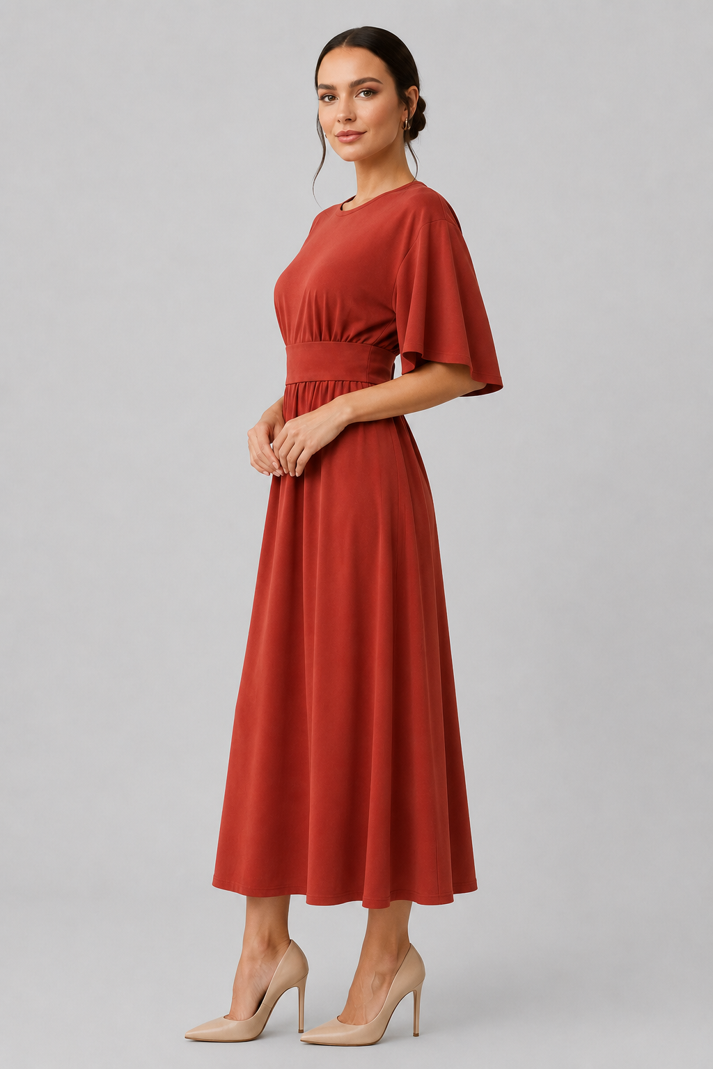 Chic women's elegant dress. Midi length, wide sleeves & a waist belt create a stylish silhouette.