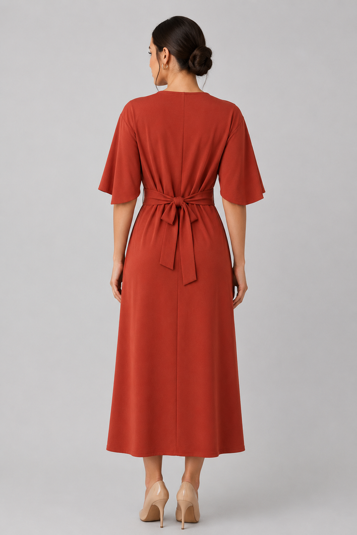 Versatile women's solid color midi dress. Features wide sleeves & a belt, suitable for many events.
