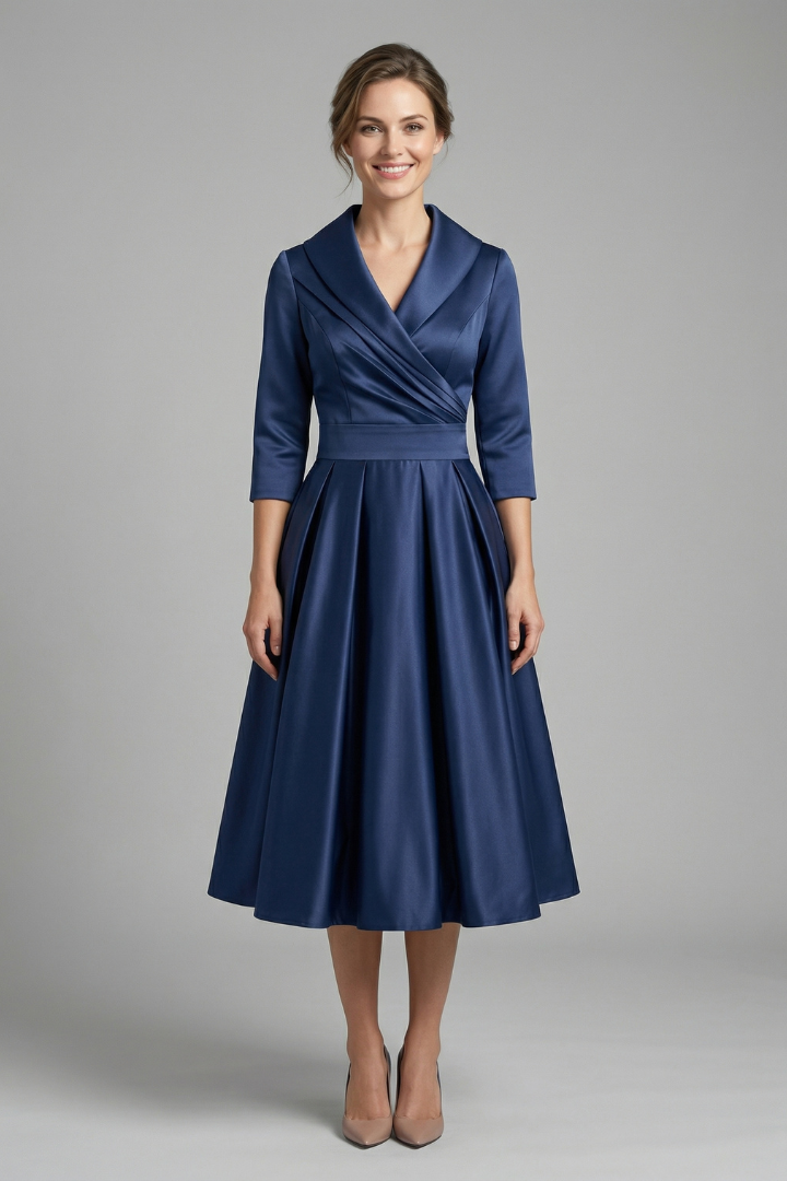 Chic long sleeve women's midi dress featuring a stylish wrap neck and flowing pleated skirt. Elegant party wear.