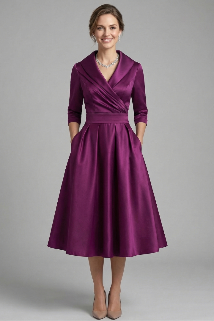 Stylish women's midi wrap dress, featuring a sophisticated pleated skirt and long sleeves. Elegant & versatile.