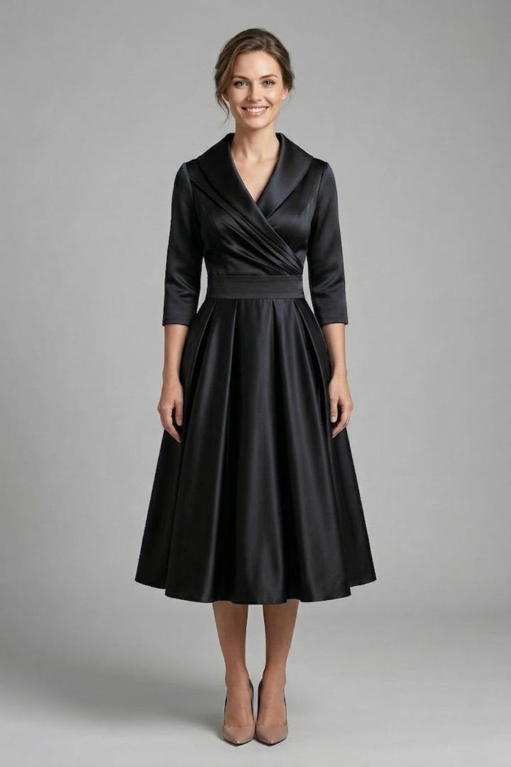 Women's sophisticated midi dress, elegant wrap neck, and a beautifully pleated skirt. Perfect for parties.