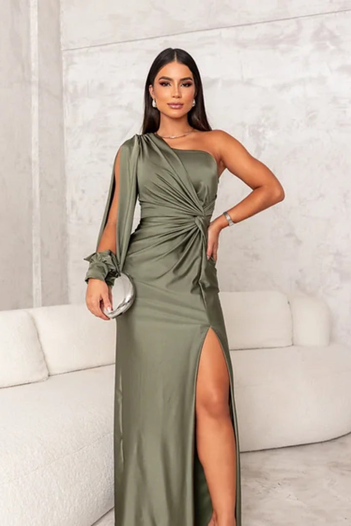 Draped navy blue one-shoulder long dress. An elegant choice for parties and special events.