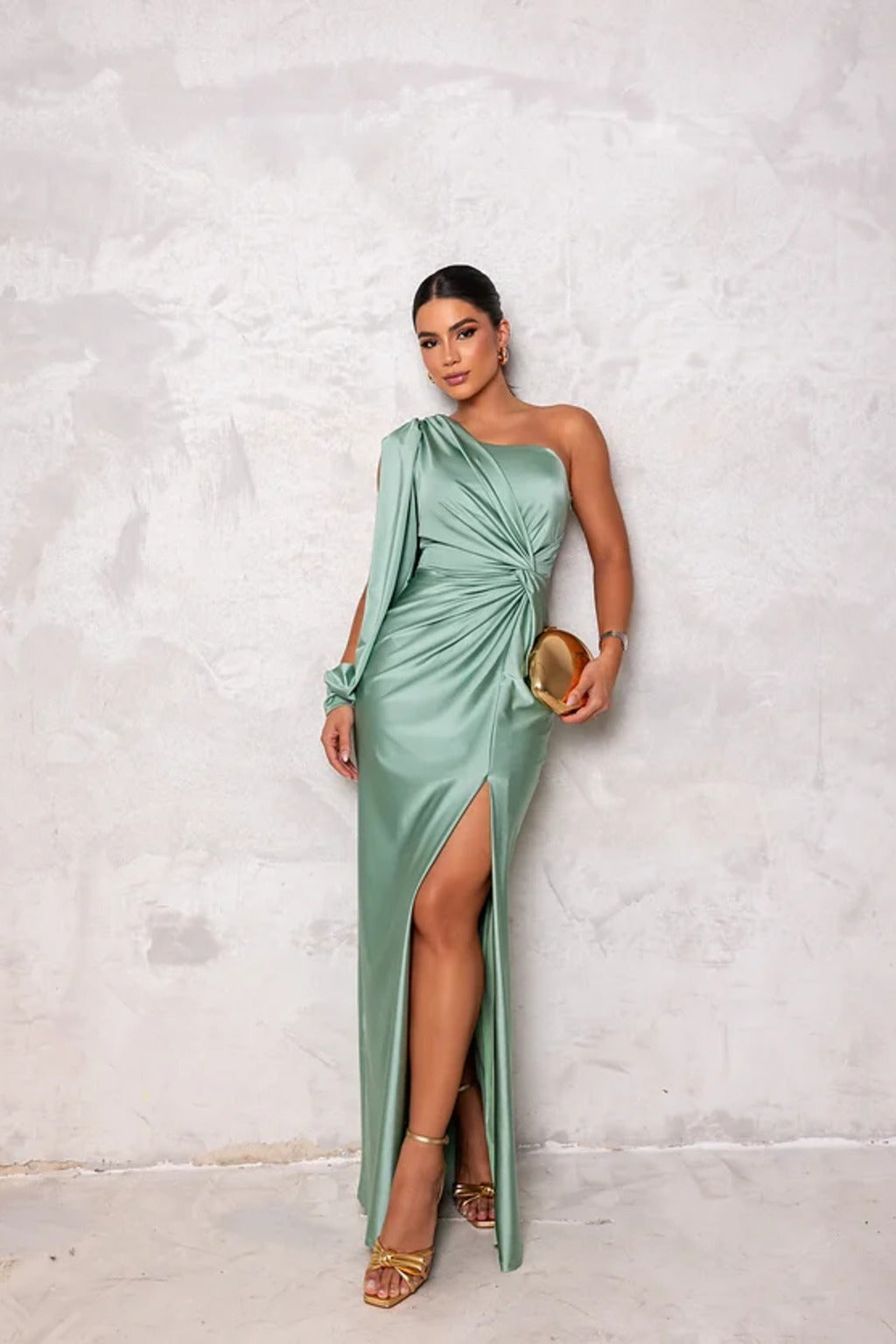 Draped emerald green one-shoulder long dress for women, stunning evening wear or party dress.