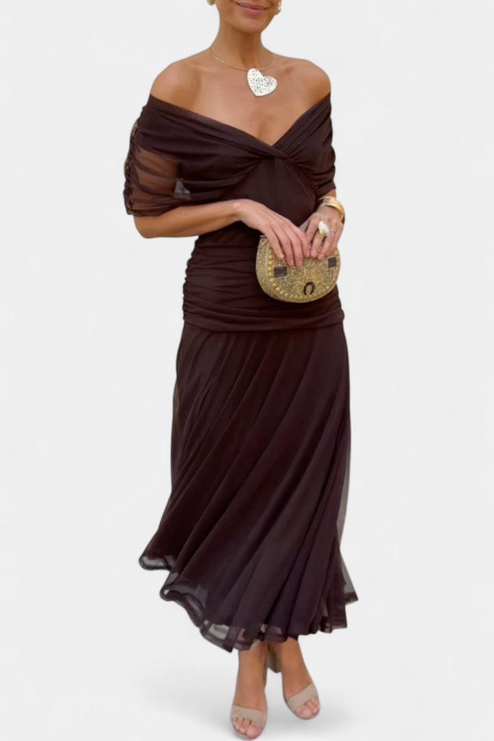 Women's elegant off-shoulder ruched twist-front midi dress for cocktail parties.