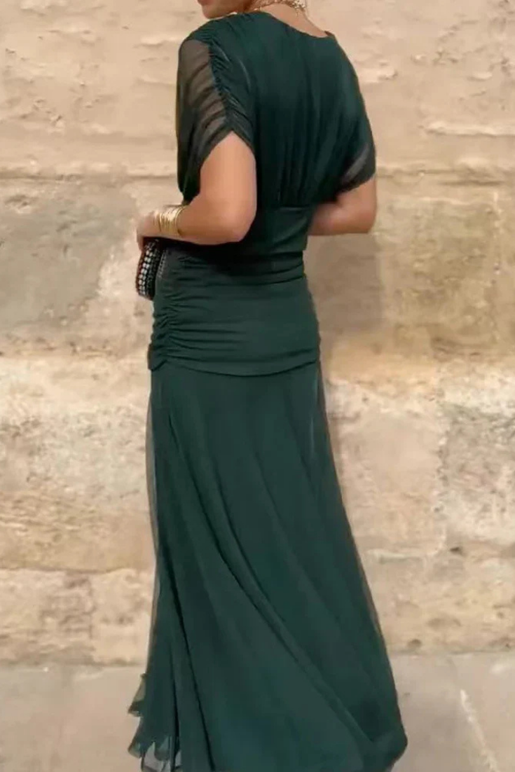 Ruched off-shoulder midi dress for women, featuring an elegant twist-front detail.