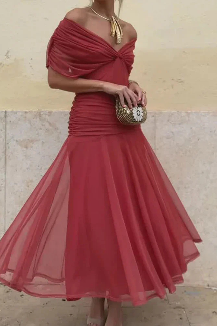 Elegant midi dress for women: off-shoulder, ruched, and chic twist-front design.