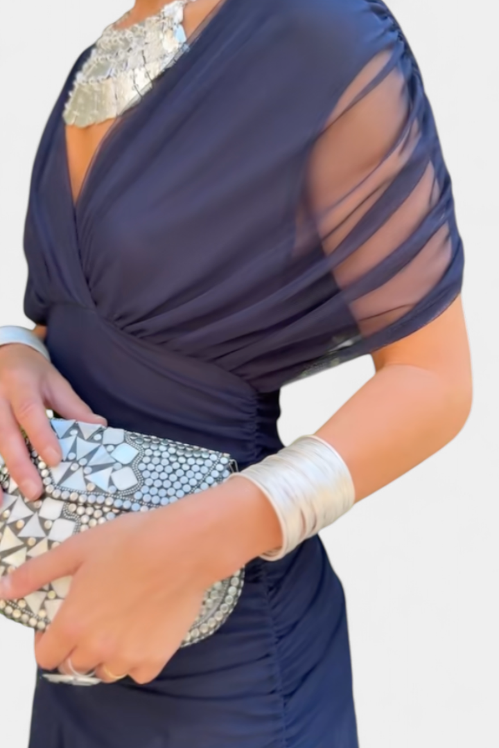 Formal women's off-shoulder ruched midi dress, perfect for elegant evening wear.