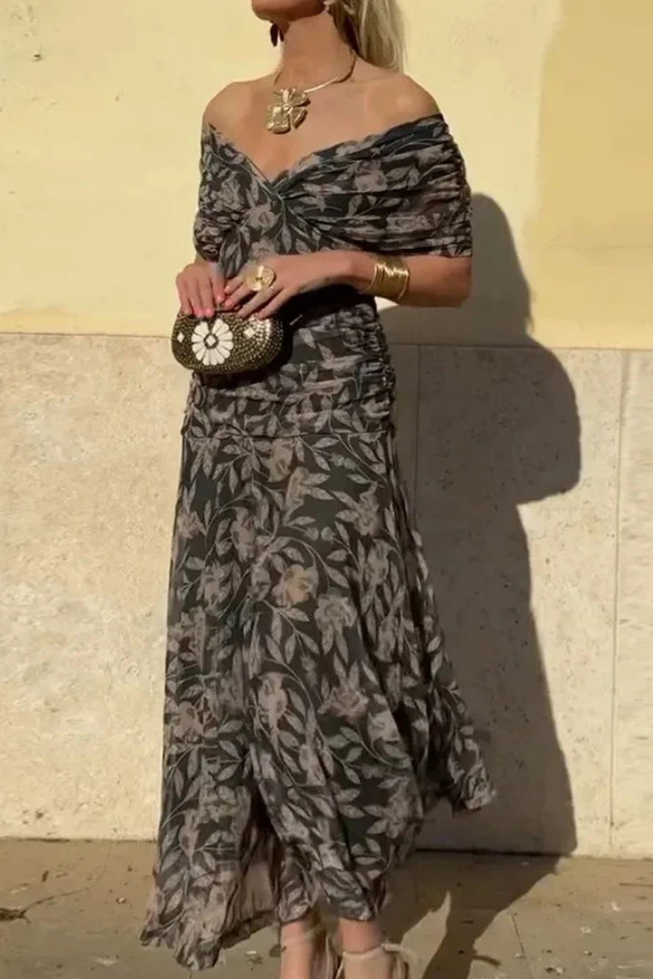 Women's cocktail midi dress: off-shoulder, ruched, with a unique twist-front.