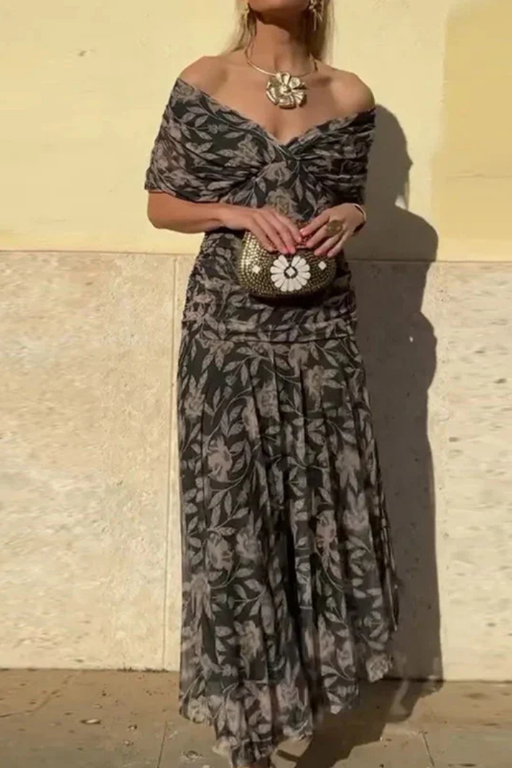 Off-shoulder ruched twist-front midi dress for women, a sophisticated party choice.