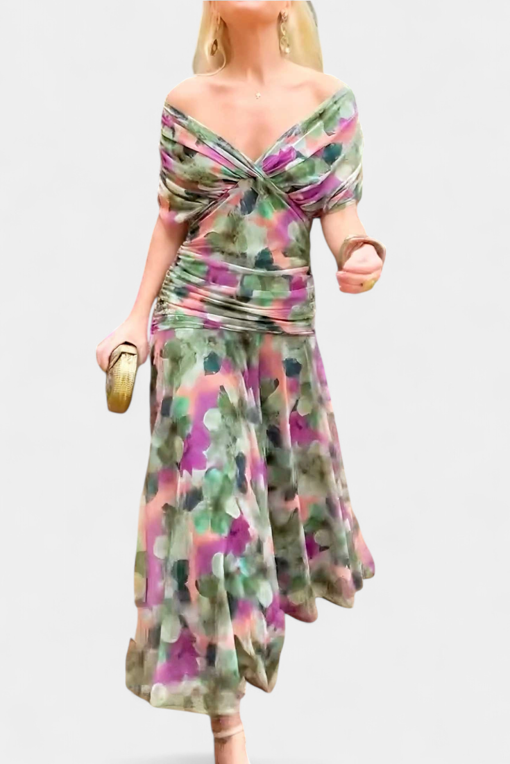 Stylish women's formal off-shoulder midi dress with ruched detail and twist-front.