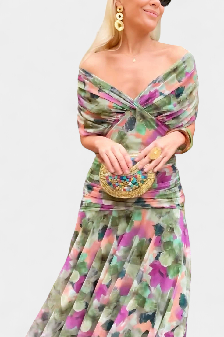 Women's off-shoulder ruched midi dress, a stunning option for any formal occasion.