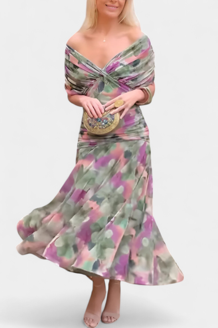Flattering off-shoulder ruched midi dress for women, featuring a twist-front.