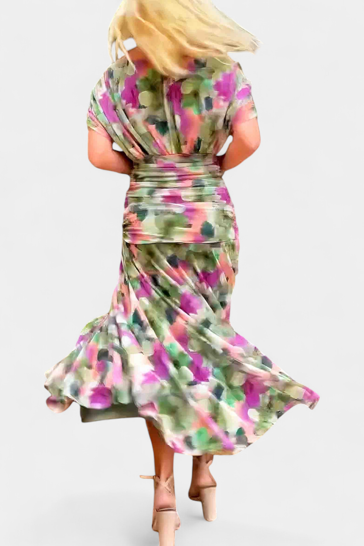 Off-shoulder ruched twist-front elegant midi dress for women's cocktail parties.