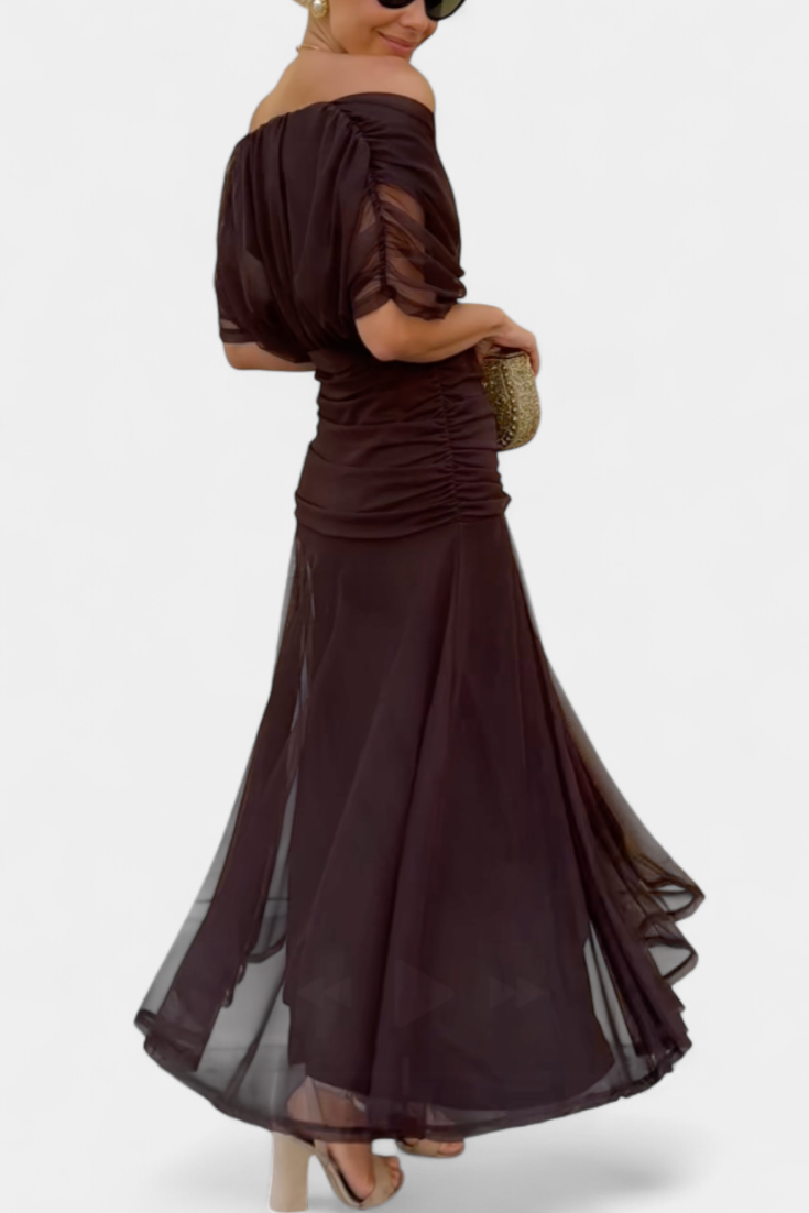 Formal off-shoulder ruched midi dress for women, featuring a chic twist-front.