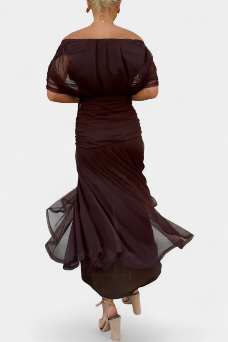 Elegant women's party dress: off-shoulder, ruched, twist-front midi style.
